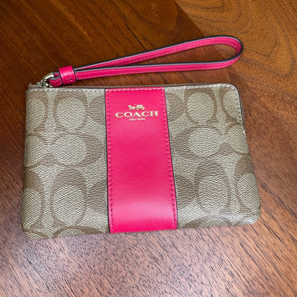 Coach Corner Zip Wristlet in Signature Canvas with Pink and Brown Design
